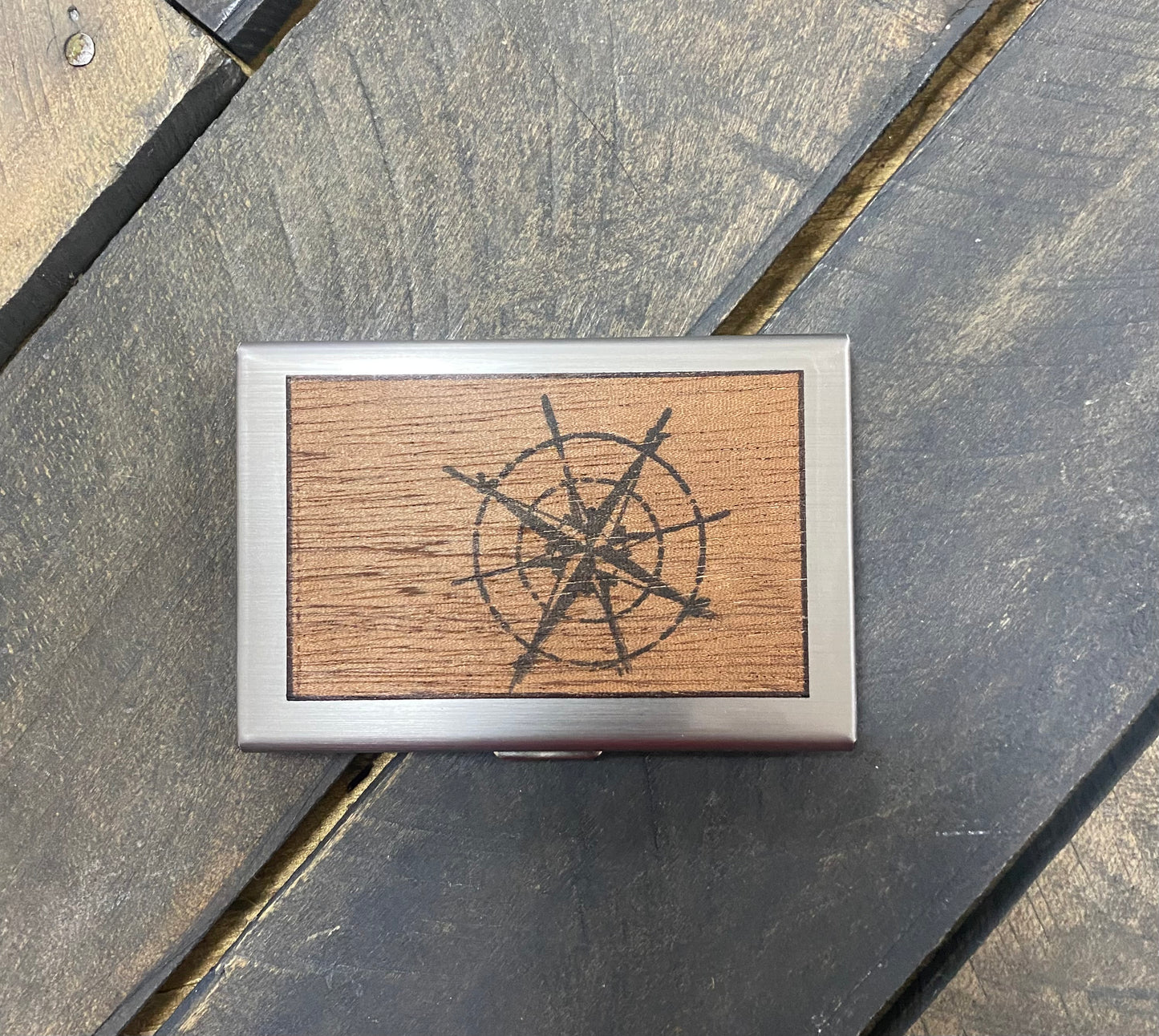 Mahogany Wood Credit Card Case- Compass