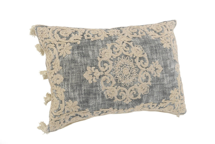 Medallion and Bordered Gray and Ivory Throw Pillow