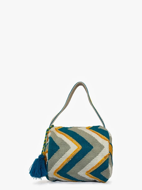 Shirley Chevron Round Cotton HandBag w/ Double Tassels